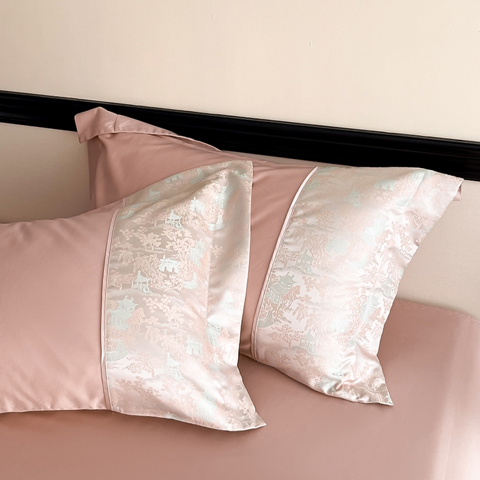 91家纺网 家纺一手货源 找家纺 置顶家纺 2025新款国色天香新中式全棉刺绣拼接四件套 烟雨江南-浅豆沙