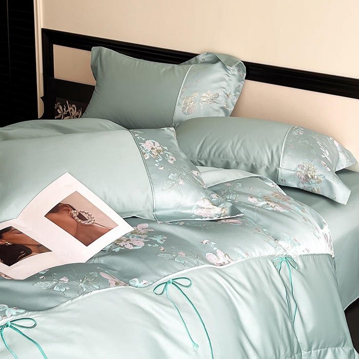 91家纺网 家纺一手货源 找家纺 置顶家纺 2025新款国色天香新中式全棉刺绣拼接四件套 国色天香-月影蓝