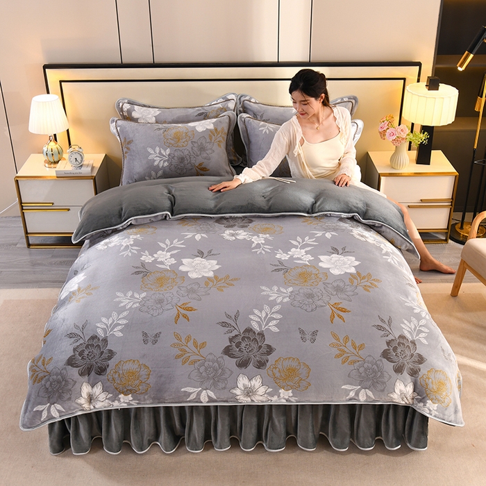91家纺网 家纺一手货源 找家纺 2025新款高克重8斤金貂绒牛奶绒四件套 花香四溢-灰