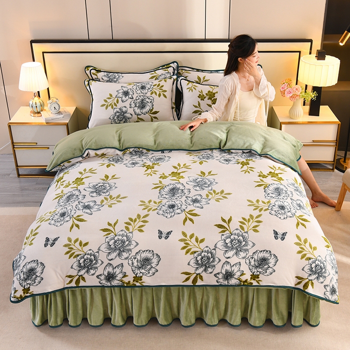 91家纺网 家纺一手货源 找家纺 2025新款高克重8斤金貂绒牛奶绒四件套 花香四溢-绿