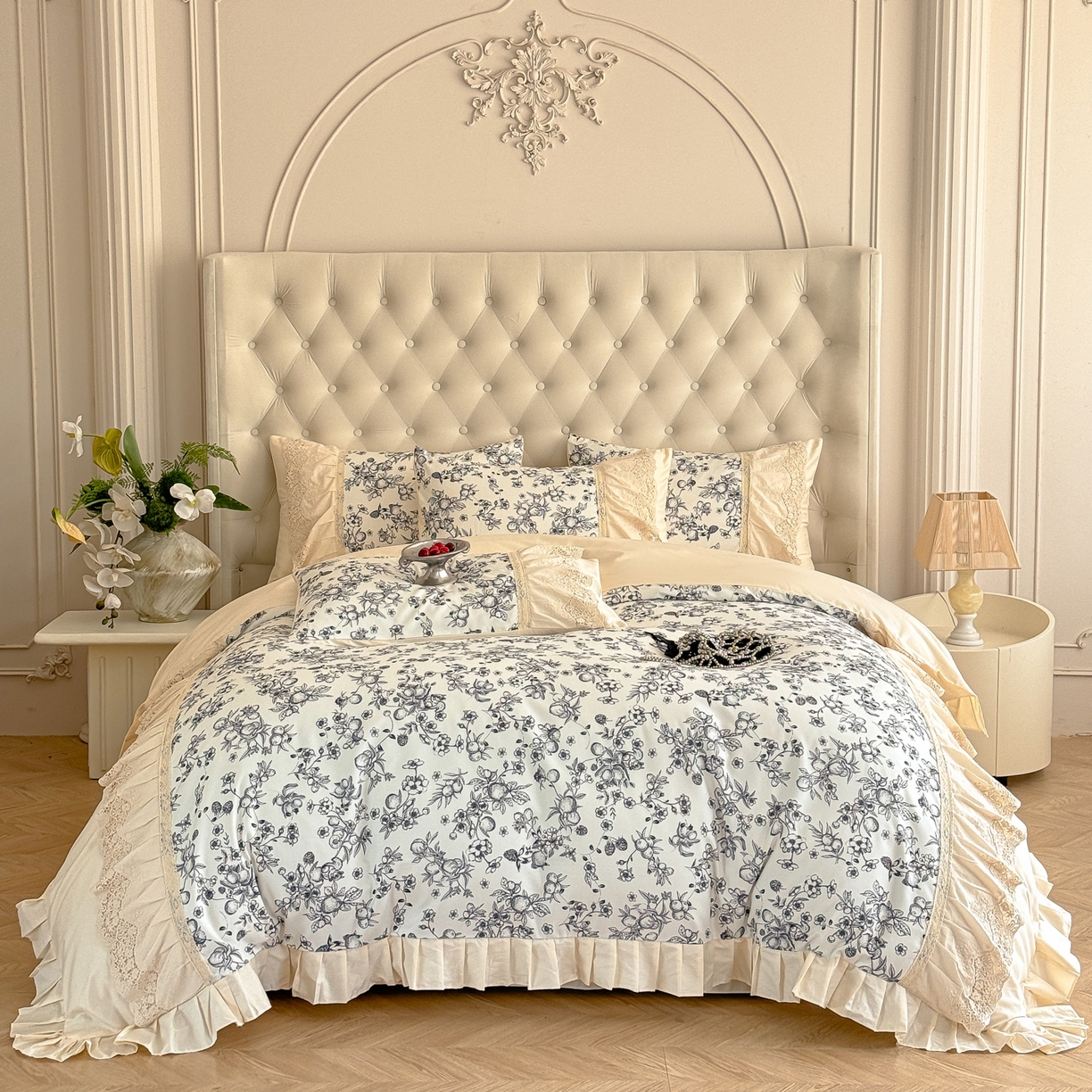 置顶家纺 2025秋冬新品法式亲肤花边拼接四件套 薇安妮-奶昔白