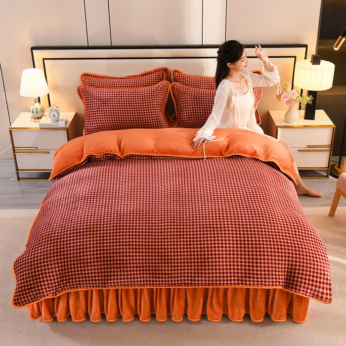 91家纺网 家纺一手货源 找家纺 2025新款高克重8斤金貂绒牛奶绒四件套 小格-橙