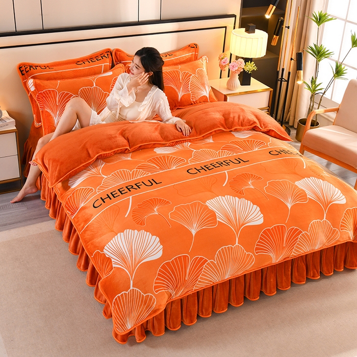 91家纺网 家纺一手货源 找家纺 2025新款高克重8斤金貂绒牛奶绒四件套 银杏叶-橘