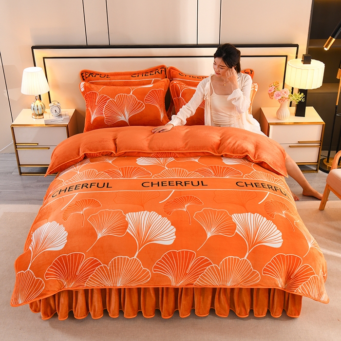 91家纺网 家纺一手货源 找家纺 2025新款高克重8斤金貂绒牛奶绒四件套 银杏叶-橘