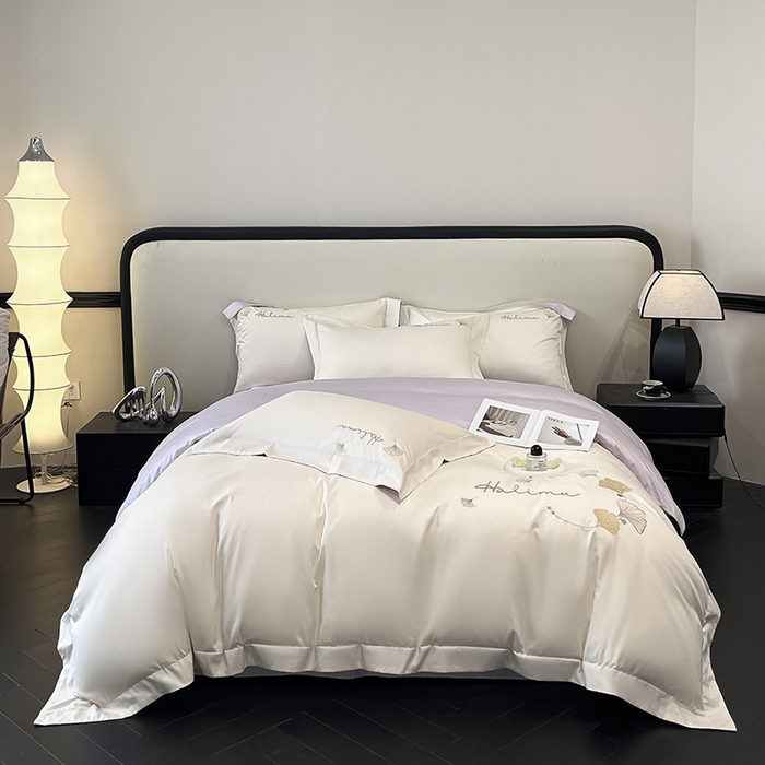 91家纺网 家纺一手货源 找家纺 置顶家纺 2025新款亲肤刺绣四件套-杏运 杏运-白+紫