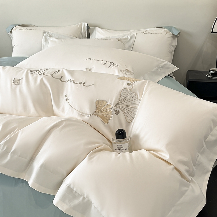 91家纺网 家纺一手货源 找家纺 置顶家纺 2025新款亲肤刺绣四件套-杏运 杏运-白+月影蓝