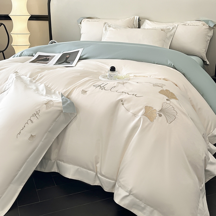 91家纺网 家纺一手货源 找家纺 置顶家纺 2025新款亲肤刺绣四件套-杏运 杏运-白+月影蓝