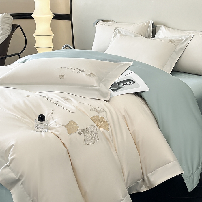 91家纺网 家纺一手货源 找家纺 置顶家纺 2025新款亲肤刺绣四件套-杏运 杏运-白+月影蓝