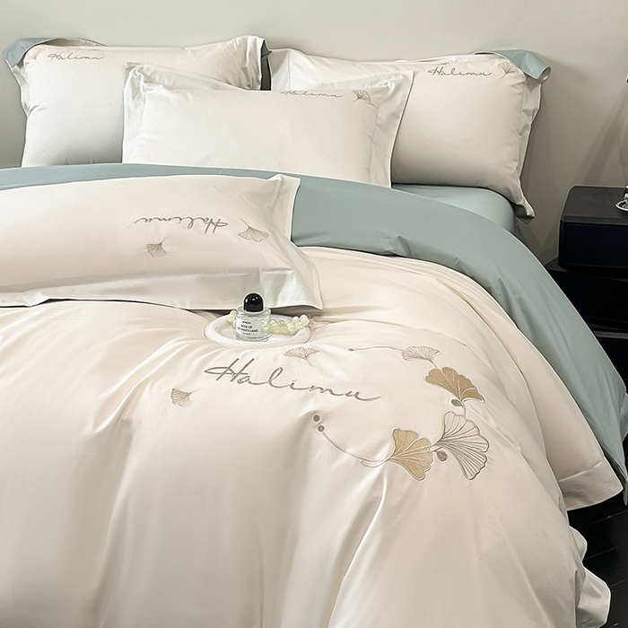 91家纺网 家纺一手货源 找家纺 置顶家纺 2025新款亲肤刺绣四件套-杏运 杏运-白+月影蓝