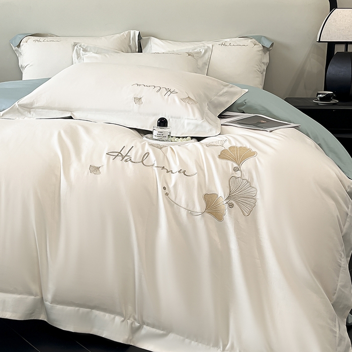 91家纺网 家纺一手货源 找家纺 置顶家纺 2025新款亲肤刺绣四件套-杏运 杏运-白+月影蓝