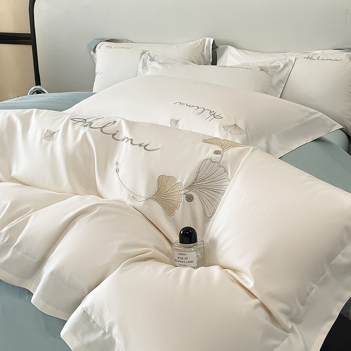 91家纺网 家纺一手货源 找家纺 置顶家纺 2025新款亲肤刺绣四件套-杏运 杏运-白+月影蓝