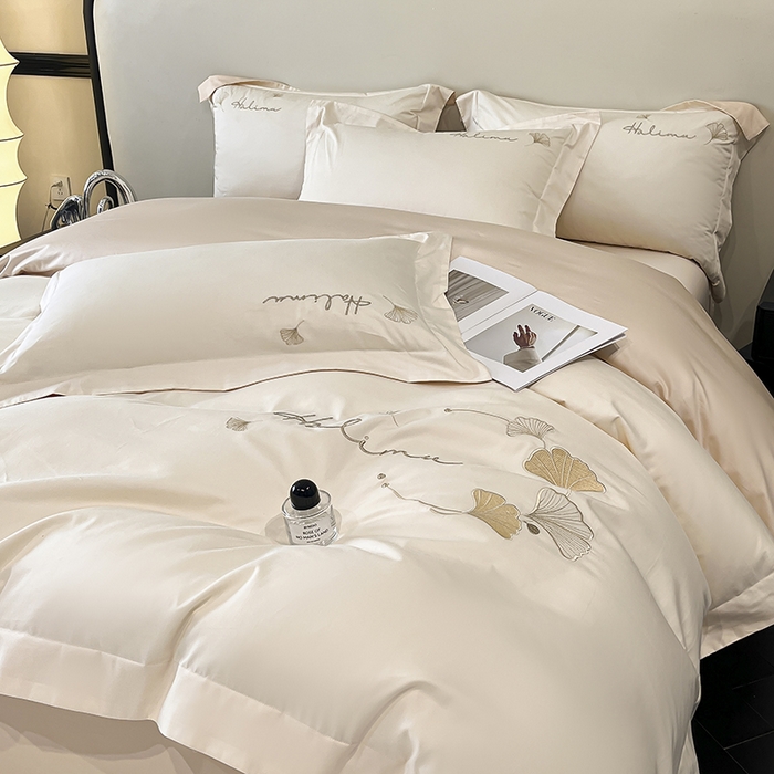 91家纺网 家纺一手货源 找家纺 置顶家纺 2025新款亲肤刺绣四件套-杏运 杏运-白+浅香槟