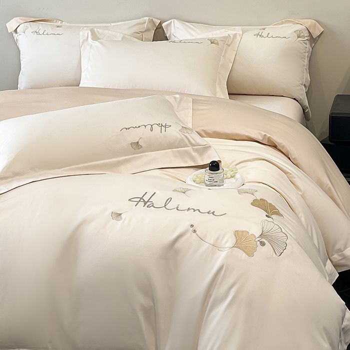 91家纺网 家纺一手货源 找家纺 置顶家纺 2025新款亲肤刺绣四件套-杏运 杏运-白+浅香槟