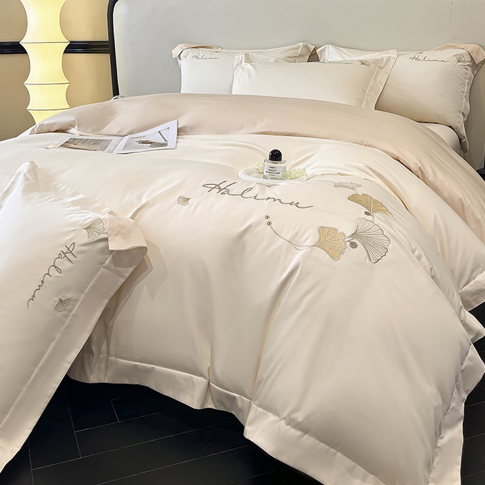 91家纺网 家纺一手货源 找家纺 置顶家纺 2025新款亲肤刺绣四件套-杏运 杏运-白+浅香槟