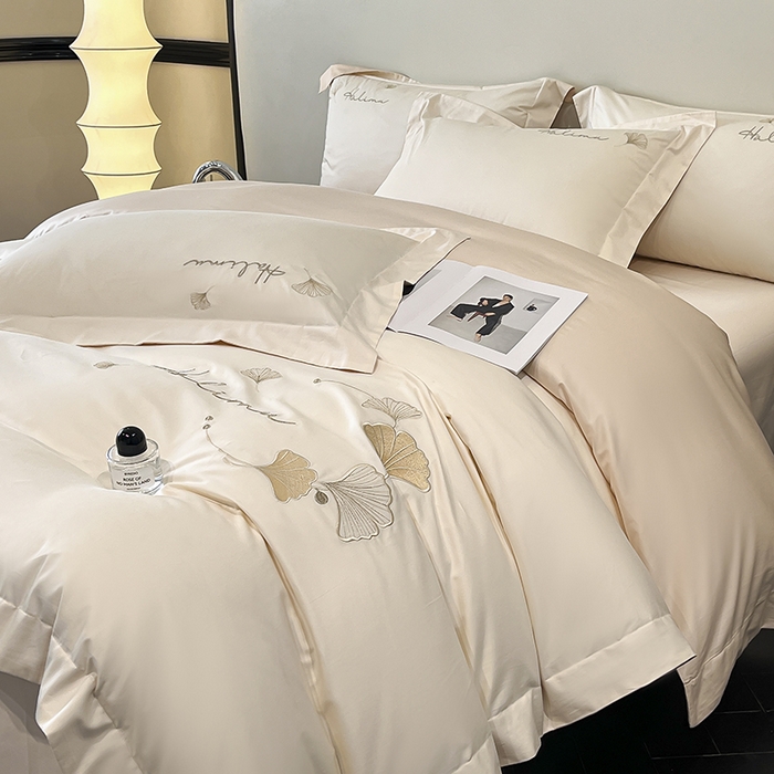 91家纺网 家纺一手货源 找家纺 置顶家纺 2025新款亲肤刺绣四件套-杏运 杏运-白+浅香槟