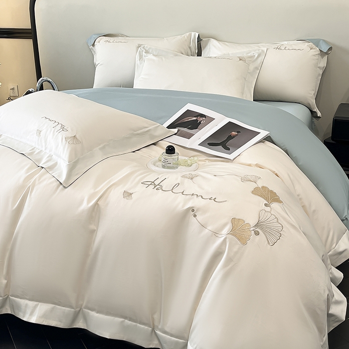 91家纺网 家纺一手货源 找家纺 置顶家纺 2025新款亲肤刺绣四件套-杏运 杏运-白+月影蓝