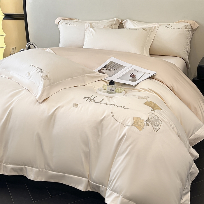 91家纺网 家纺一手货源 找家纺 置顶家纺 2025新款亲肤刺绣四件套-杏运 杏运-白+浅香槟