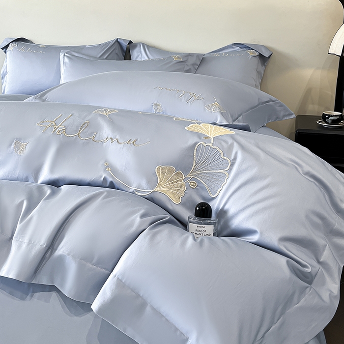 91家纺网 家纺一手货源 找家纺 置顶家纺 2025新款亲肤刺绣四件套-杏运 杏运-天蓝