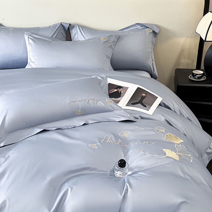 91家纺网 家纺一手货源 找家纺 置顶家纺 2025新款亲肤刺绣四件套-杏运 杏运-天蓝