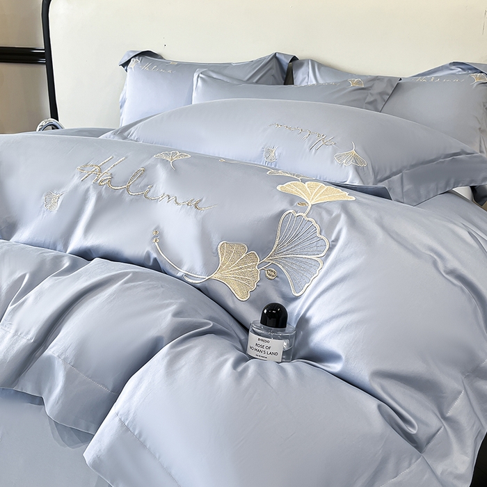 91家纺网 家纺一手货源 找家纺 置顶家纺 2025新款亲肤刺绣四件套-杏运 杏运-天蓝