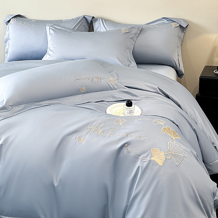 91家纺网 家纺一手货源 找家纺 置顶家纺 2025新款亲肤刺绣四件套-杏运 杏运-天蓝