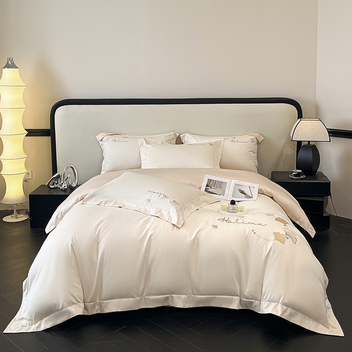 置顶家纺 2025新款亲肤刺绣四件套-杏运 杏运-白+浅香槟