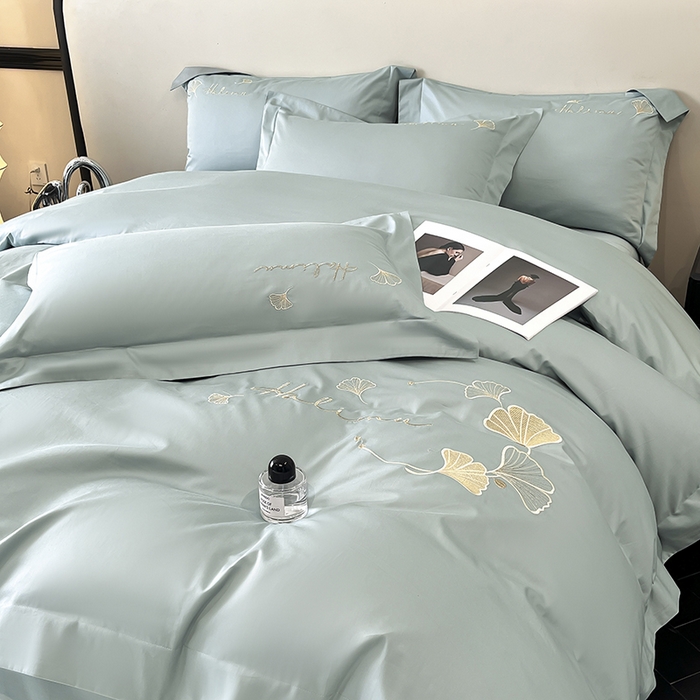 91家纺网 家纺一手货源 找家纺 置顶家纺 2025新款亲肤刺绣四件套-杏运 杏运-月影蓝