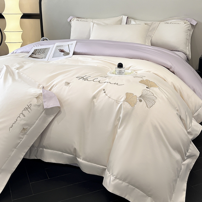 91家纺网 家纺一手货源 找家纺 置顶家纺 2025新款亲肤刺绣四件套-杏运 杏运-白+紫