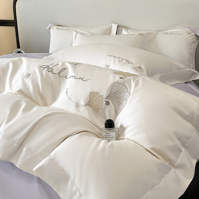 91家纺网 家纺一手货源 找家纺 置顶家纺 2025新款亲肤刺绣四件套-杏运 杏运-白+紫