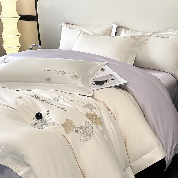 91家纺网 家纺一手货源 找家纺 置顶家纺 2025新款亲肤刺绣四件套-杏运 杏运-白+紫