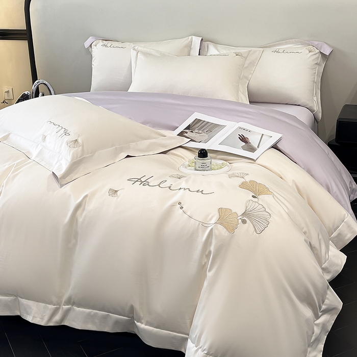 91家纺网 家纺一手货源 找家纺 置顶家纺 2025新款亲肤刺绣四件套-杏运 杏运-白+紫