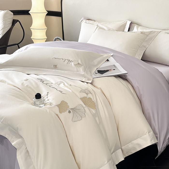 91家纺网 家纺一手货源 找家纺 置顶家纺 2025新款亲肤刺绣四件套-杏运 杏运-白+紫