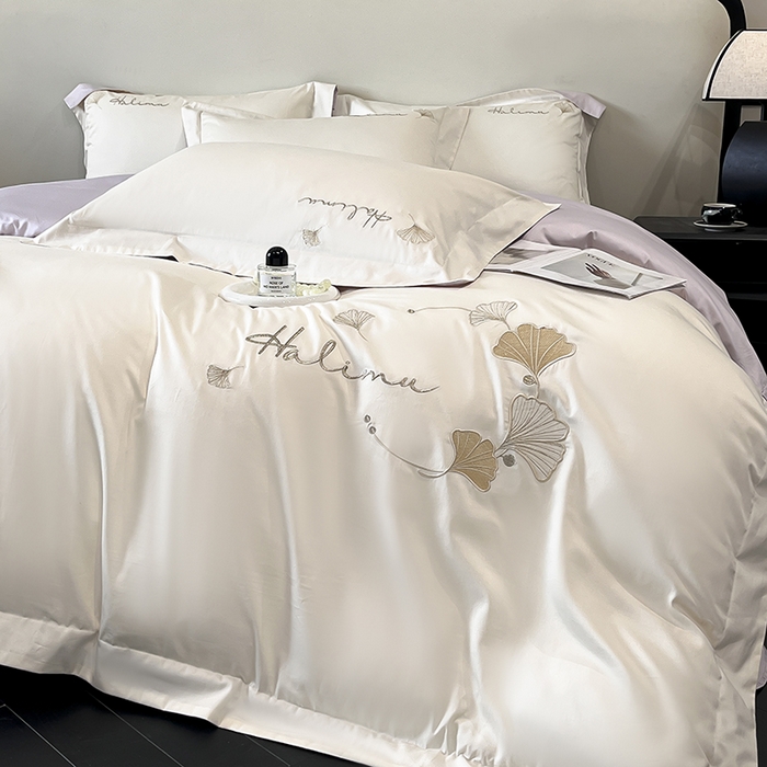 91家纺网 家纺一手货源 找家纺 置顶家纺 2025新款亲肤刺绣四件套-杏运 杏运-白+紫