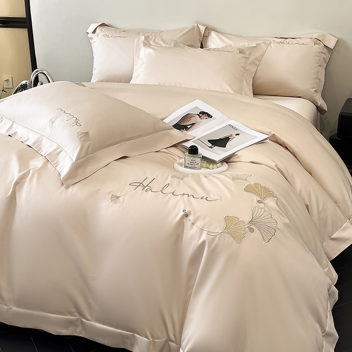 91家纺网 家纺一手货源 找家纺 置顶家纺 2025新款亲肤刺绣四件套-杏运 杏运-浅香槟