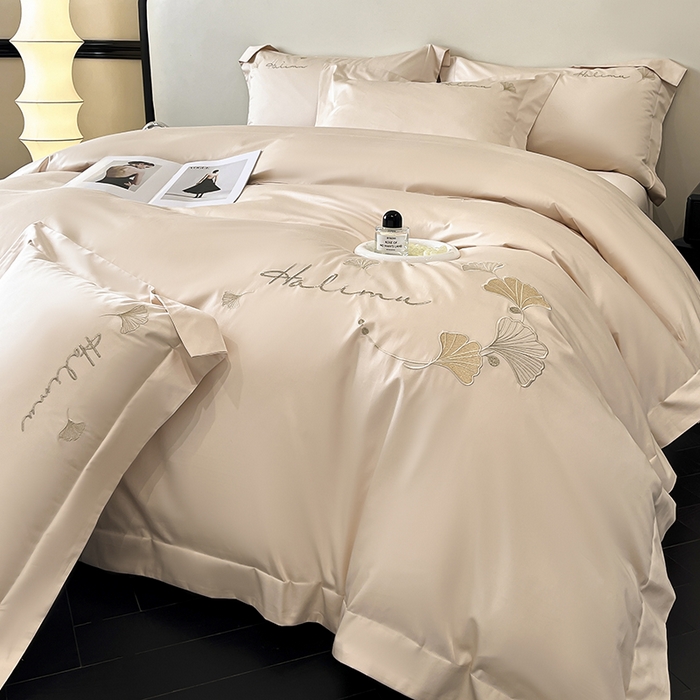 91家纺网 家纺一手货源 找家纺 置顶家纺 2025新款亲肤刺绣四件套-杏运 杏运-浅香槟