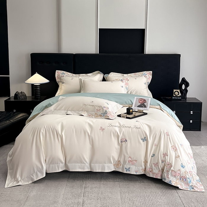 91家纺网 家纺一手货源 找家纺 置顶家纺 2025新款亲肤加厚磨毛刺绣四件套-花不尽 花不尽-白+繁星蓝