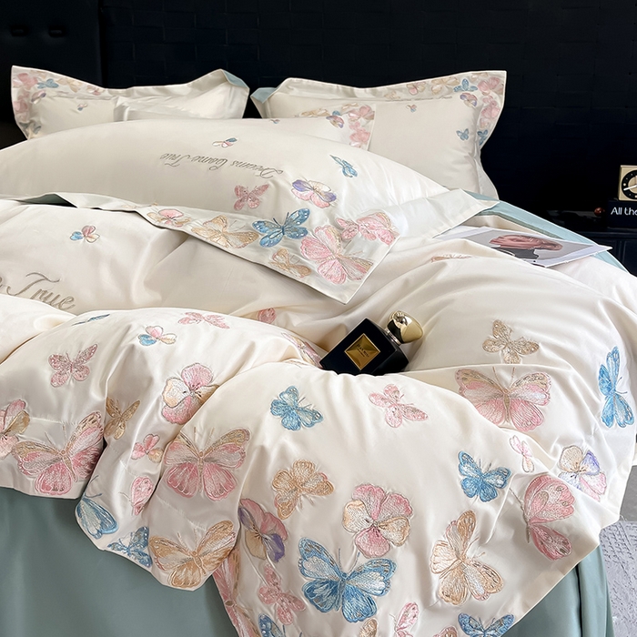 91家纺网 家纺一手货源 找家纺 置顶家纺 2025新款亲肤加厚磨毛刺绣四件套-花不尽 花不尽-白+繁星蓝