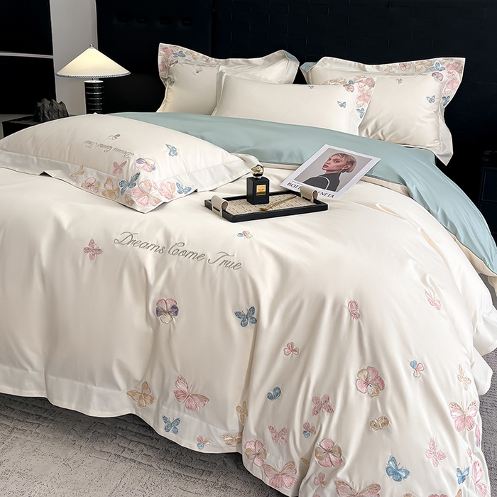 91家纺网 家纺一手货源 找家纺 置顶家纺 2025新款亲肤加厚磨毛刺绣四件套-花不尽 花不尽-白+繁星蓝