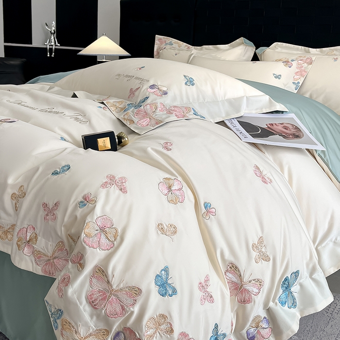 91家纺网 家纺一手货源 找家纺 置顶家纺 2025新款亲肤加厚磨毛刺绣四件套-花不尽 花不尽-白+繁星蓝