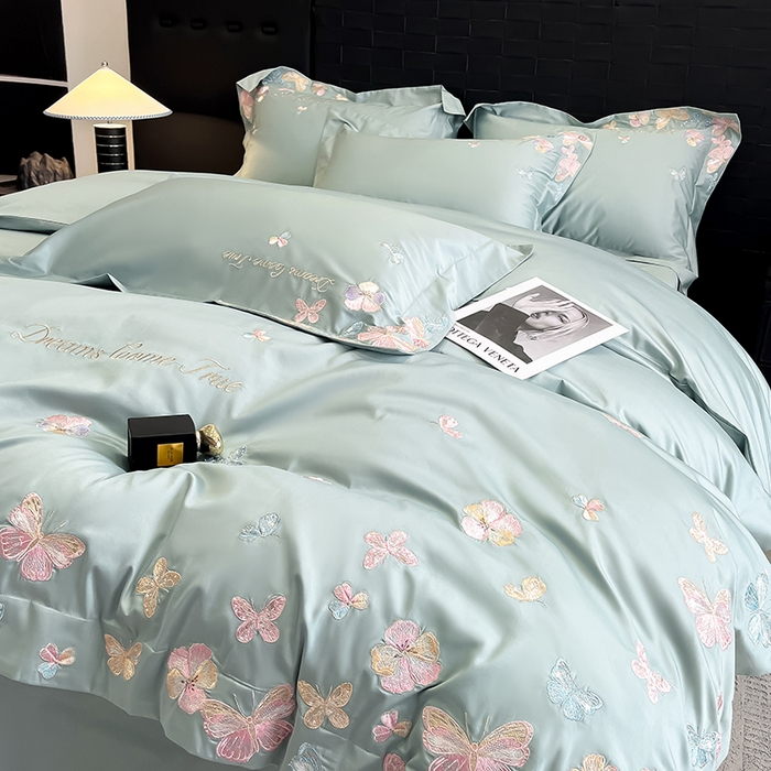 91家纺网 家纺一手货源 找家纺 置顶家纺 2025新款亲肤加厚磨毛刺绣四件套-花不尽 花不尽-繁星蓝