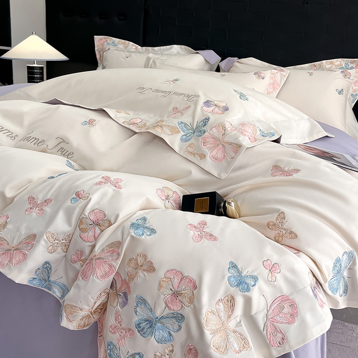 91家纺网 家纺一手货源 找家纺 置顶家纺 2025新款亲肤加厚磨毛刺绣四件套-花不尽 花不尽-白+香芋紫