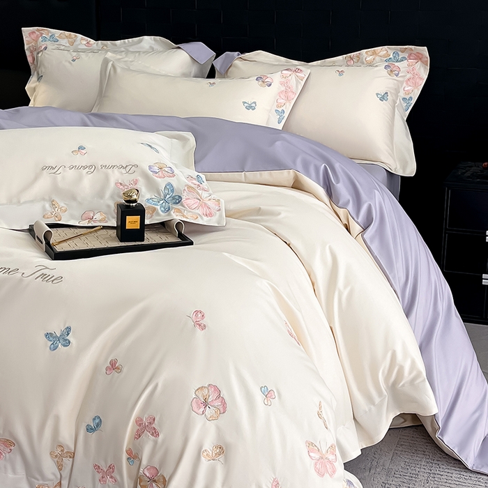 91家纺网 家纺一手货源 找家纺 置顶家纺 2025新款亲肤加厚磨毛刺绣四件套-花不尽 花不尽-白+香芋紫