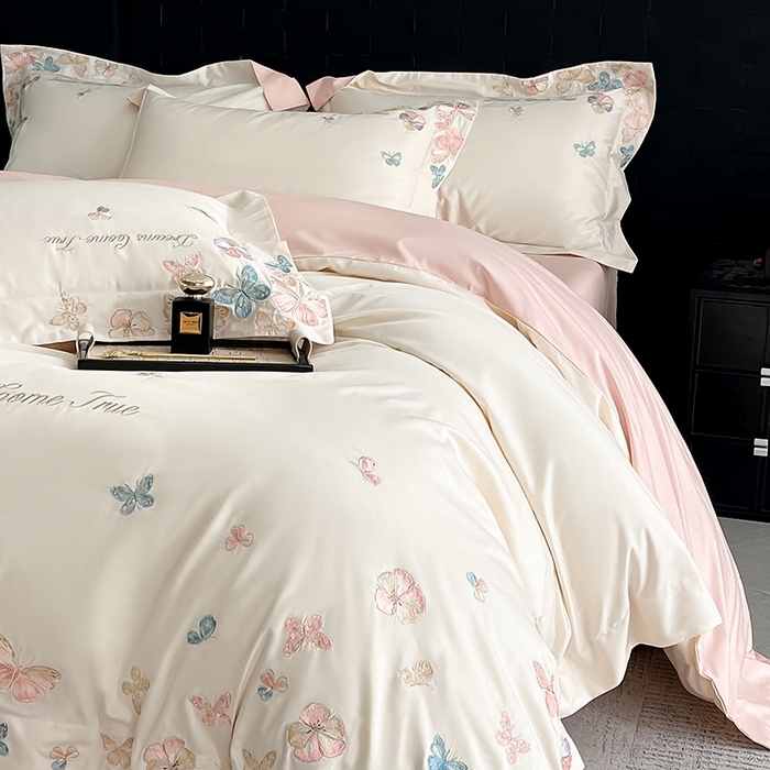 91家纺网 家纺一手货源 找家纺 置顶家纺 2025新款亲肤加厚磨毛刺绣四件套-花不尽 花不尽-白+粉