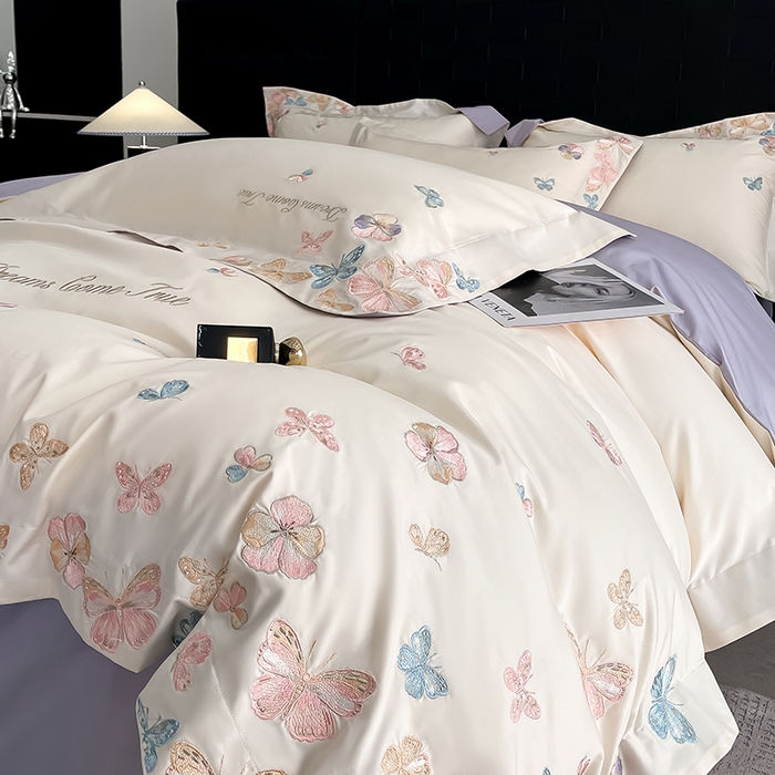 91家纺网 家纺一手货源 找家纺 置顶家纺 2025新款亲肤加厚磨毛刺绣四件套-花不尽 花不尽-白+香芋紫