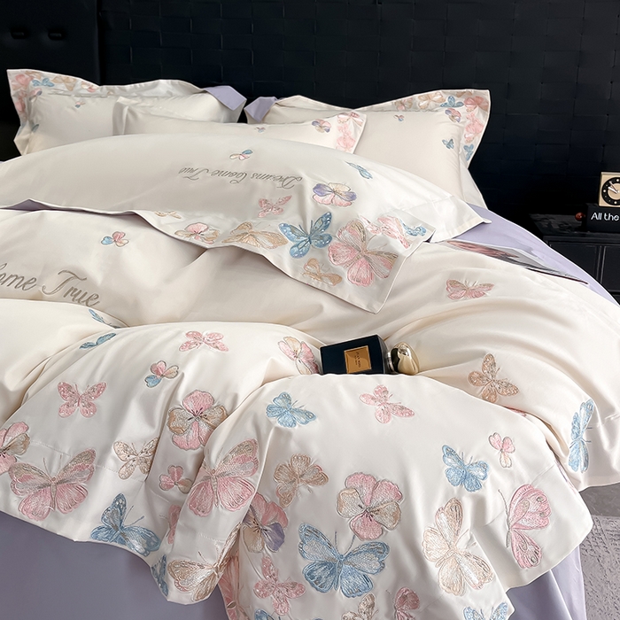 91家纺网 家纺一手货源 找家纺 置顶家纺 2025新款亲肤加厚磨毛刺绣四件套-花不尽 花不尽-白+香芋紫