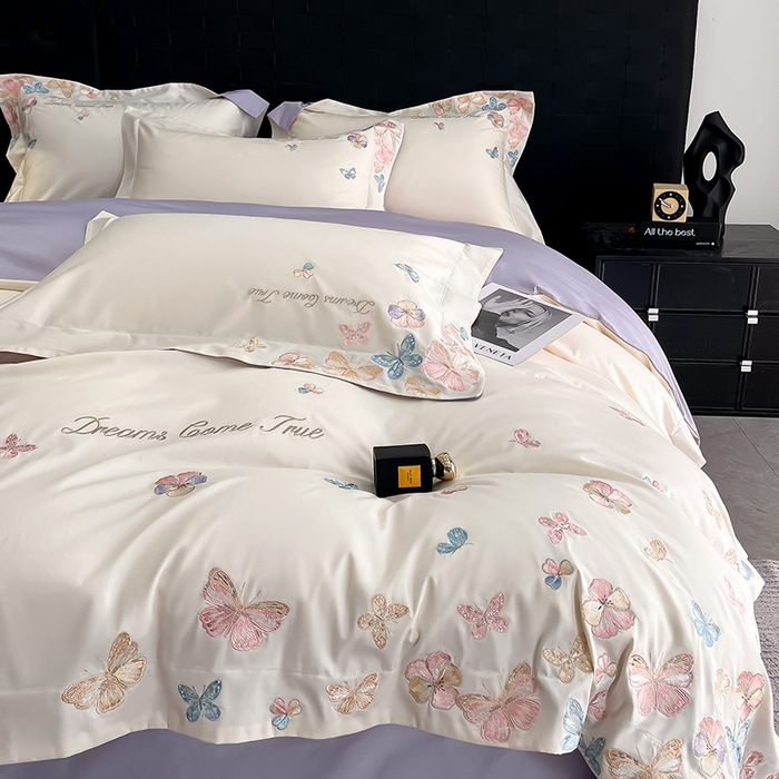 91家纺网 家纺一手货源 找家纺 置顶家纺 2025新款亲肤加厚磨毛刺绣四件套-花不尽 花不尽-白+香芋紫