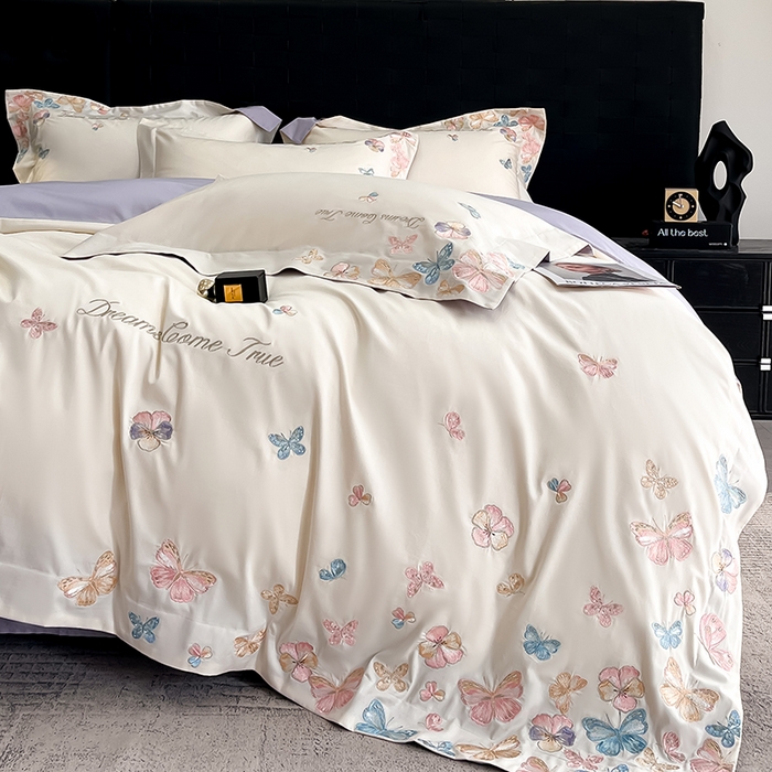 91家纺网 家纺一手货源 找家纺 置顶家纺 2025新款亲肤加厚磨毛刺绣四件套-花不尽 花不尽-白+香芋紫