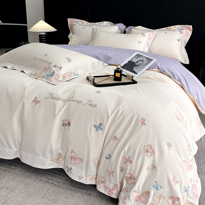 91家纺网 家纺一手货源 找家纺 置顶家纺 2025新款亲肤加厚磨毛刺绣四件套-花不尽 花不尽-白+香芋紫