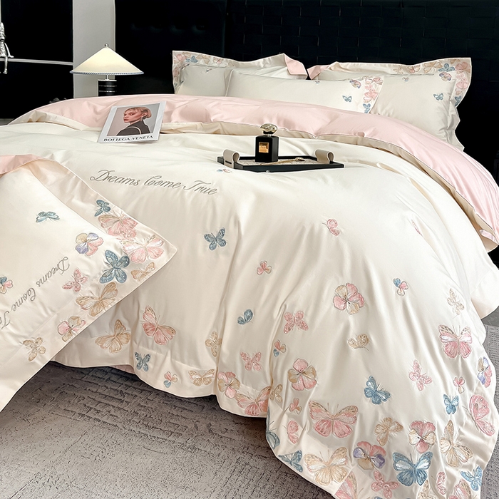 91家纺网 家纺一手货源 找家纺 置顶家纺 2025新款亲肤加厚磨毛刺绣四件套-花不尽 花不尽-白+粉