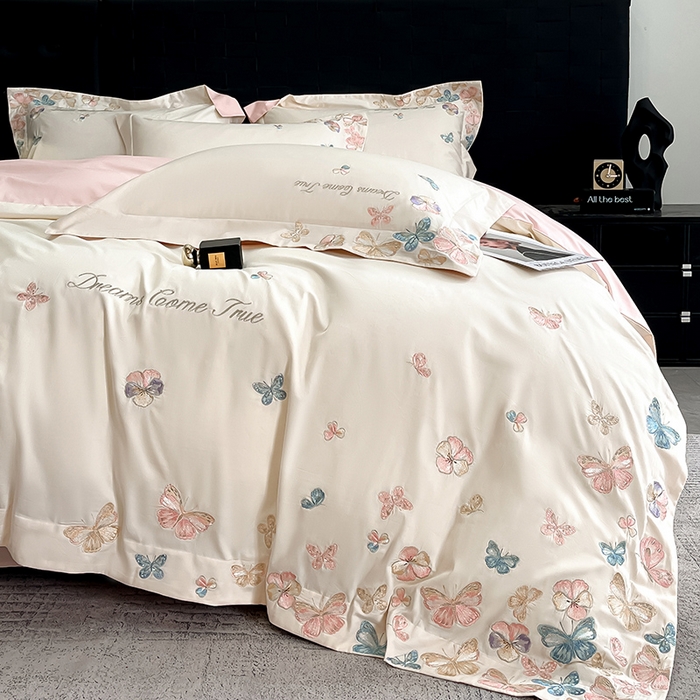 91家纺网 家纺一手货源 找家纺 置顶家纺 2025新款亲肤加厚磨毛刺绣四件套-花不尽 花不尽-白+粉